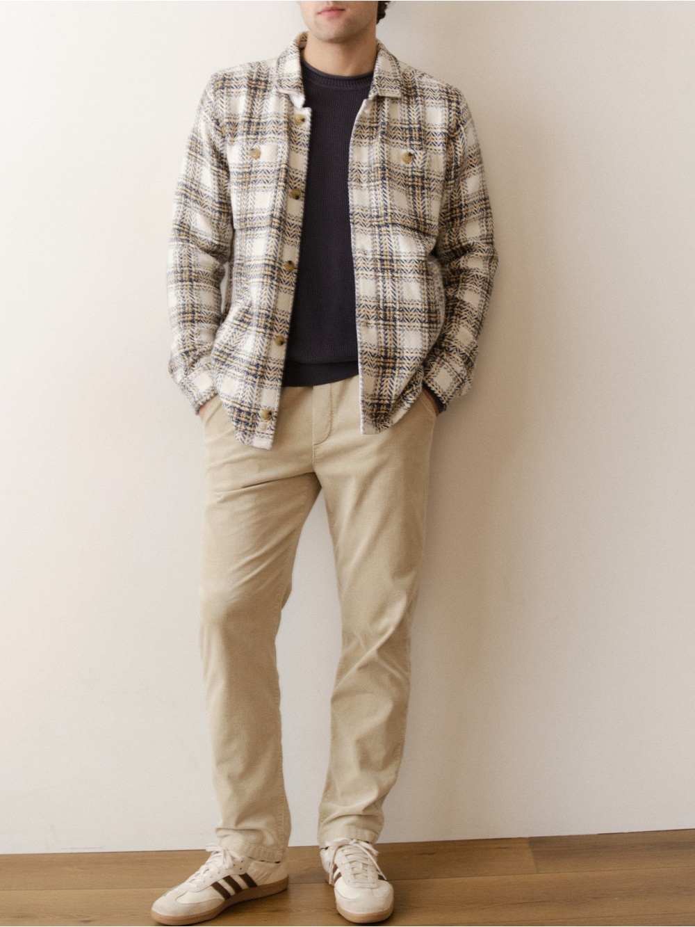 NWT Marine Layer Natural/Blue Plaid Max Twill Overshirt Men's Size Large